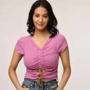 Free People V-Neck Waist Cut-Out Cropped Top Pink Short Sleeve Preowned Large